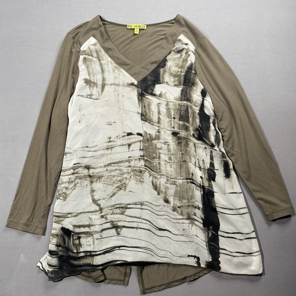 Picadilly Taupe Abstract Print Long Sleeve V-Neck Tunic Top Asymmetrical Hem XL